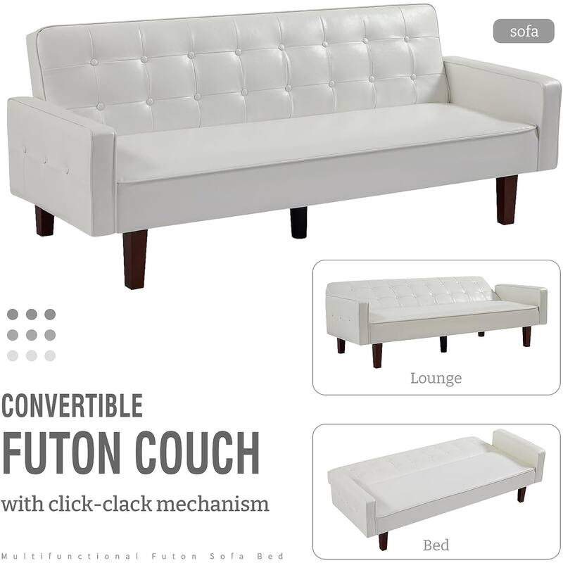 Faux Leather Futon Sofa Bed Sleeper Couch, Mid Century Button Tufted Upholstered Convertible Sofa Bed with Wooden Legs
