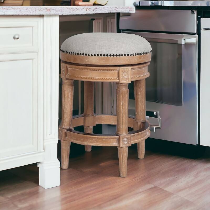 HomeRoots 26" Beige And Natural Solid Wood Swivel Backless Counter Height Bar Chair