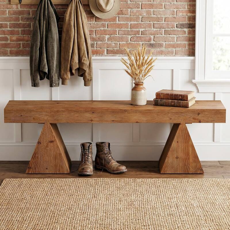 63" Solid Wood Bench, End of Bed Bench, Farmhouse Entryway Benches for Bedroom, Hallway, Kitchen
