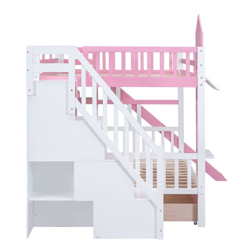 Pink Full-Over-Full Castle Bunk Bed with Drawers, Shelves, and Slide