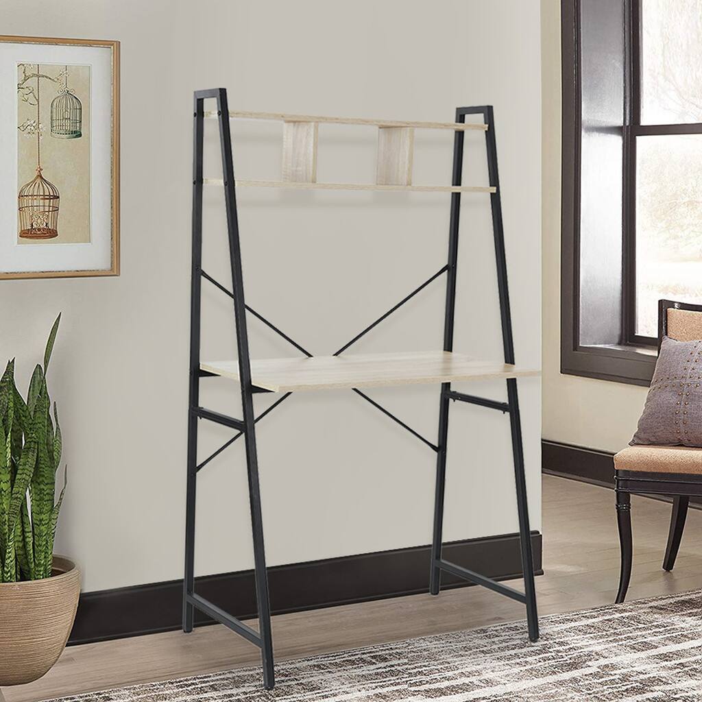 31 Inch Computer Desk Ladder Desk Computer Laptop Office Table Industrial Wood Look Black Metal Frame