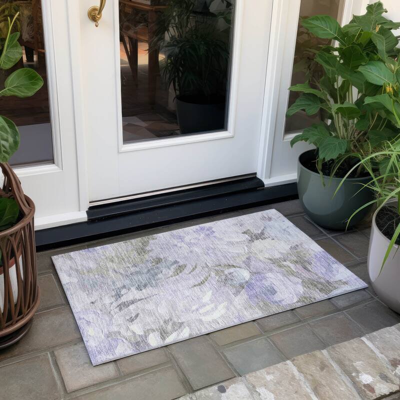 Machine Washable Indoor/ Outdoor Watercolor Floral Chantille Rug - Lavender - 1'8" x 2'6"