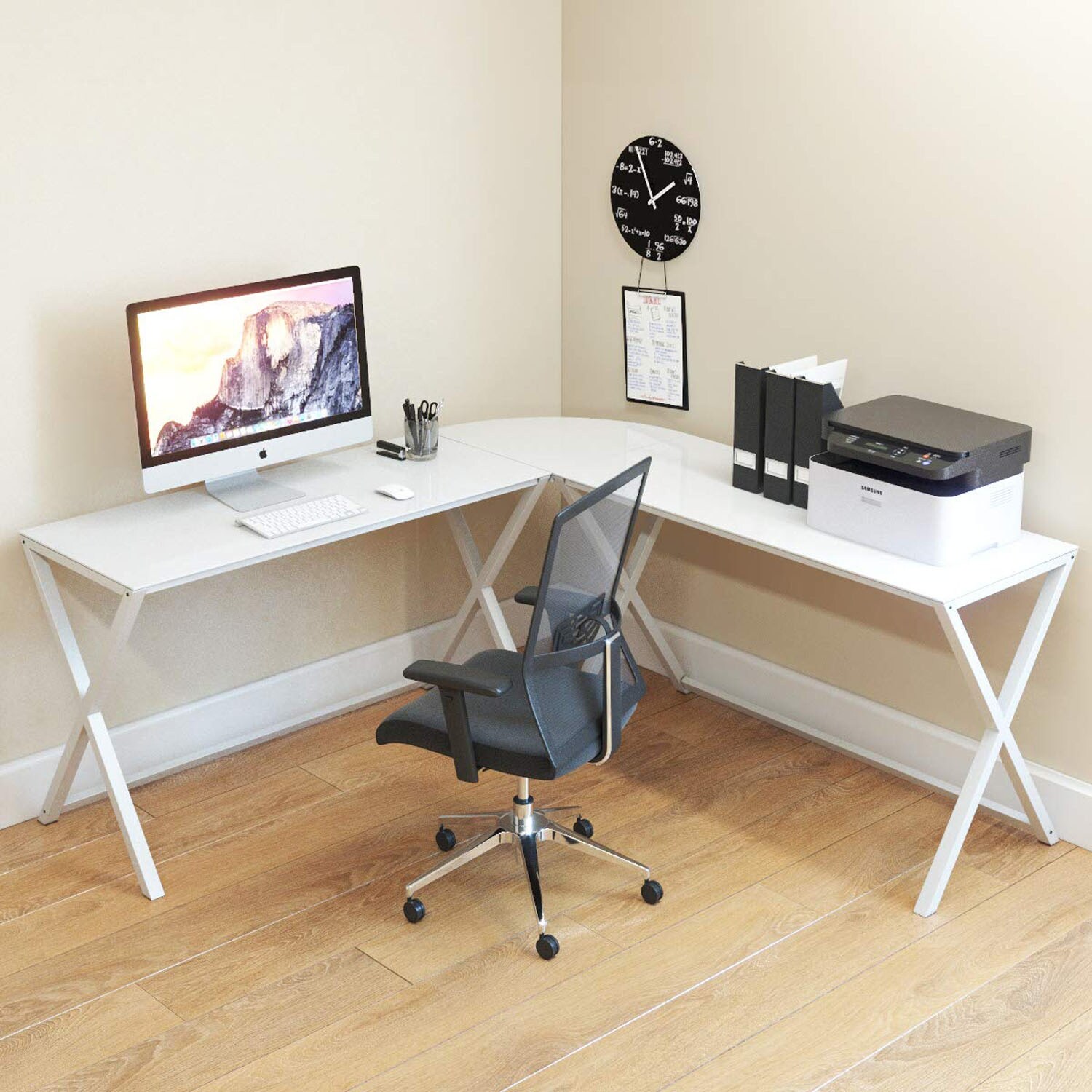 Ryan Rove Keeling 3 Piece L Shaped Computer Desk Home Office Organizer With Side Table Keyboard Tray White Frame White Glass Overstock 30415764 The spaces underneath the two arms of the desk can hide multiple keyboard trays, drawers, cabinets and shelves. ryan rove keeling 3 piece l shaped computer desk home office organizer with side table keyboard tray white frame white glass