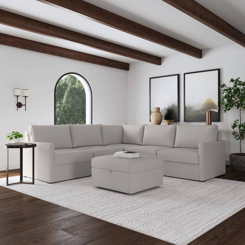 Flex Taupe Fabric 5-Seat Sectional with Narrow Arm and Storage Ottoman - 102" x 35" x 102"