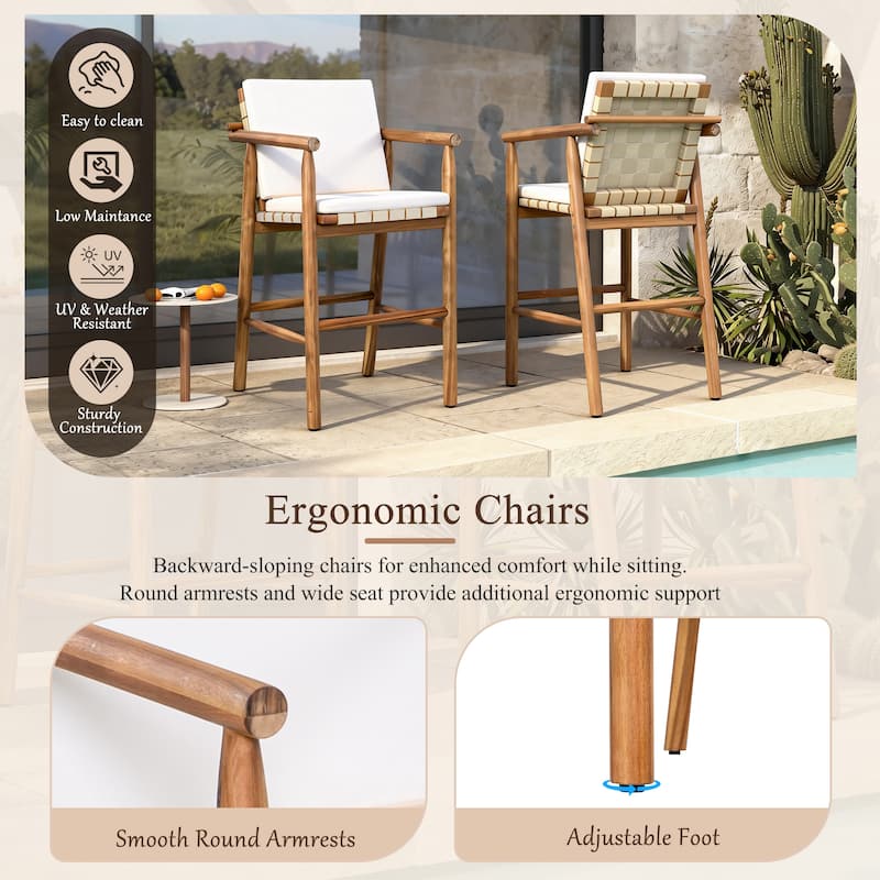 Roomfitters Set of 2 Outdoor Bar Stools with Beige Cushions, Natural Wood High Chairs for Patio Balcony Kitchen, Natural