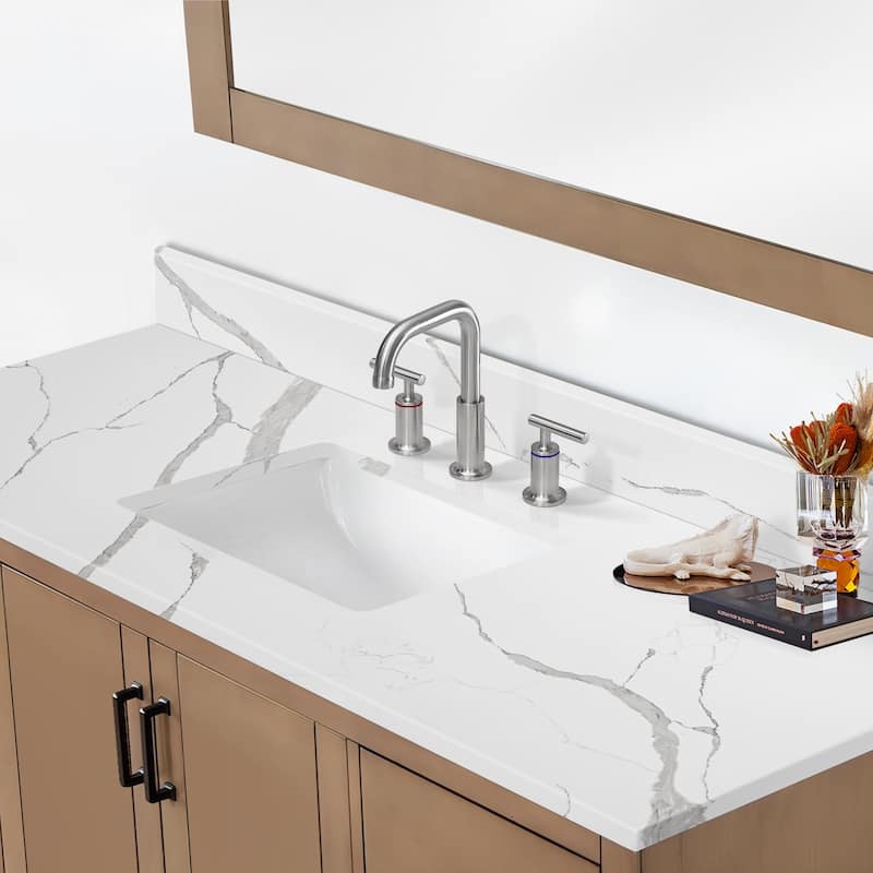 Bath Vanity Quartz Overhand Top with Rectangular Sink Backsplash Sidesplash Included in Calacatta Sevella