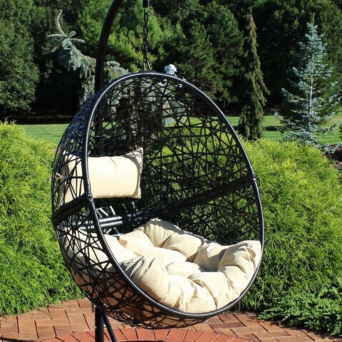 Sunnydaze Jackson Hanging Egg Chair - Resin Wicker - Cream Cushions