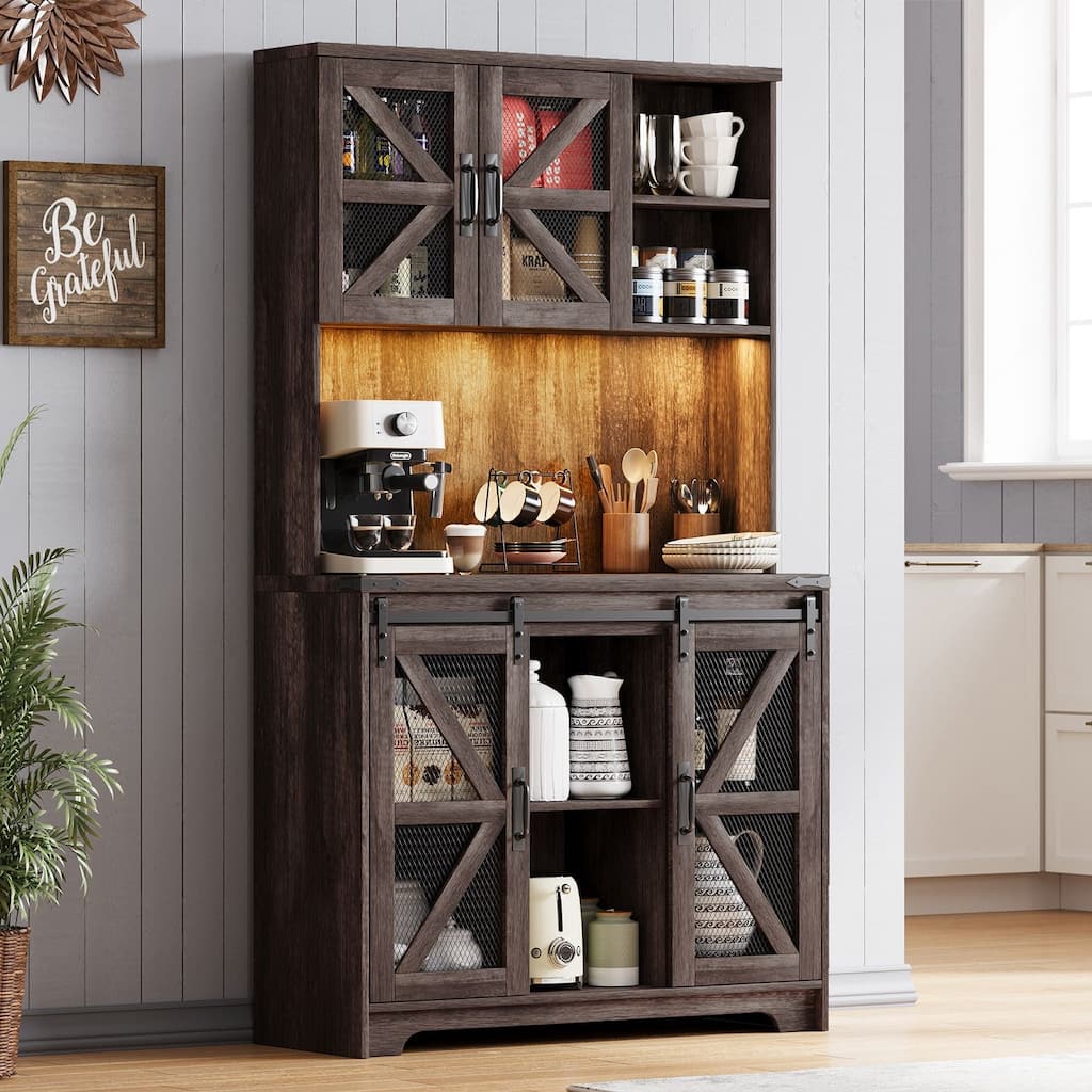 Meyreso 72" Tall Farmhouse Kitchen Storage Cabinet with Hutch Microwave Stand