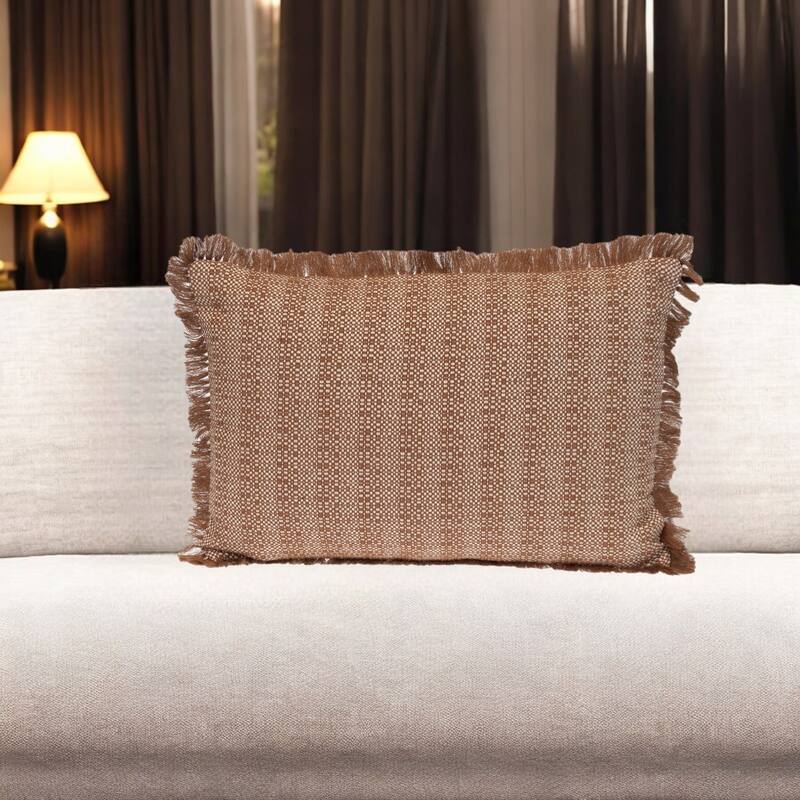 14" X 20" Brown and White Cotton Lumbar Throw Pillow with Fringe - Polyester - Single - 20.00 in. x 14.00 in. x 7.00 in. - Pillow Sets - White/Brown