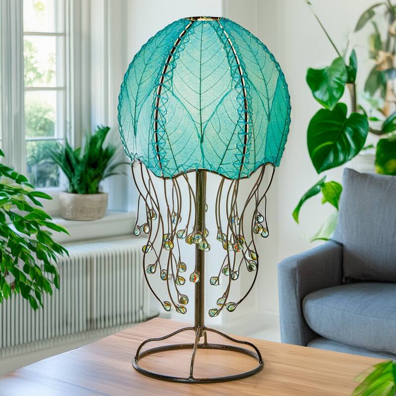Eangee Handmade Jellyfish Table Lamp, Cocoa Leaves Shade, 10 x 10 x 24 in. - 10 x 10 x 24 - Sea blue