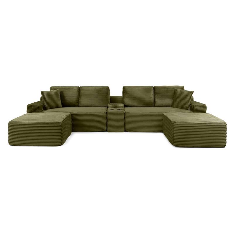 125'' U-Shaped Corduroy Sectional Sofa with Cup Holders, USB Ports and 2 Ottomans