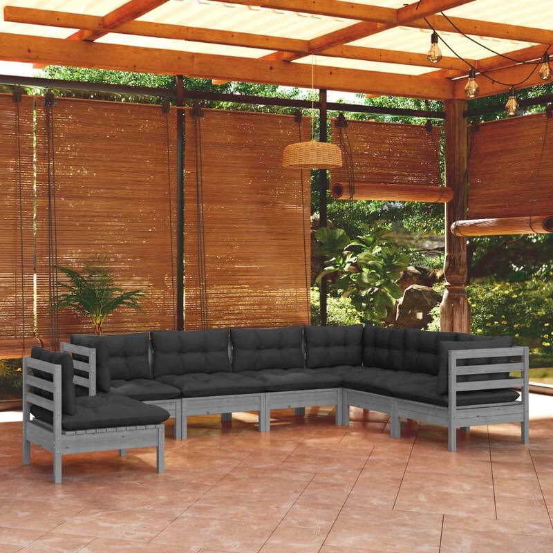 vidaXL Solid Pinewood Patio Lounge Set 8 Piece with Cushions Multi Colors - 25" x 25" x 24.6" - Grey