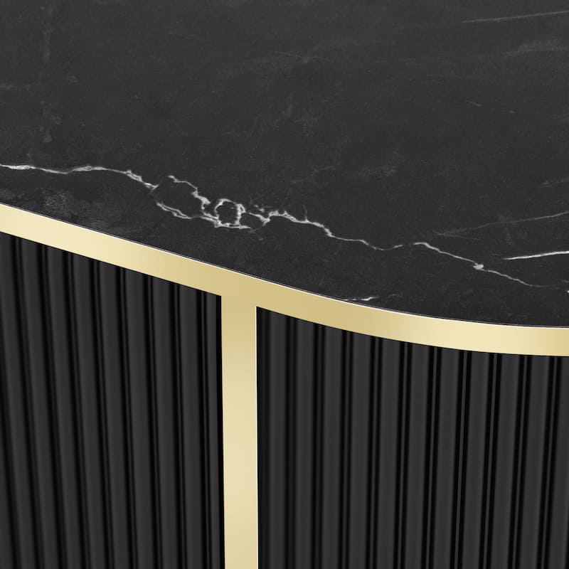 47.2" Modern Oval Coffee Table with Marble-patterned Top and 2 Cabinets