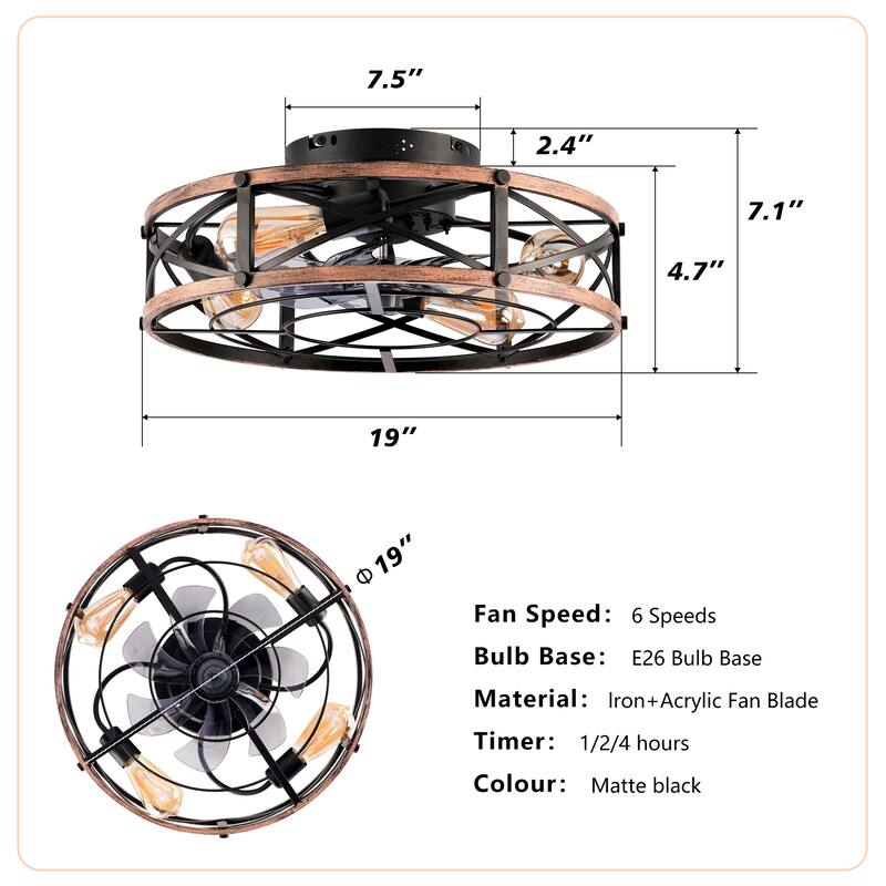 20 inch Flush Mount Ceiling Fan Light with Remote Caged Farmhouse Fandelier Black Wood Low Profile