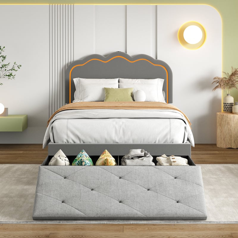 VECELO Upholstered Bed Frames with Headboard & LED Lights and Storage Ottoman (Set of 2),Bedroom Set - Twin