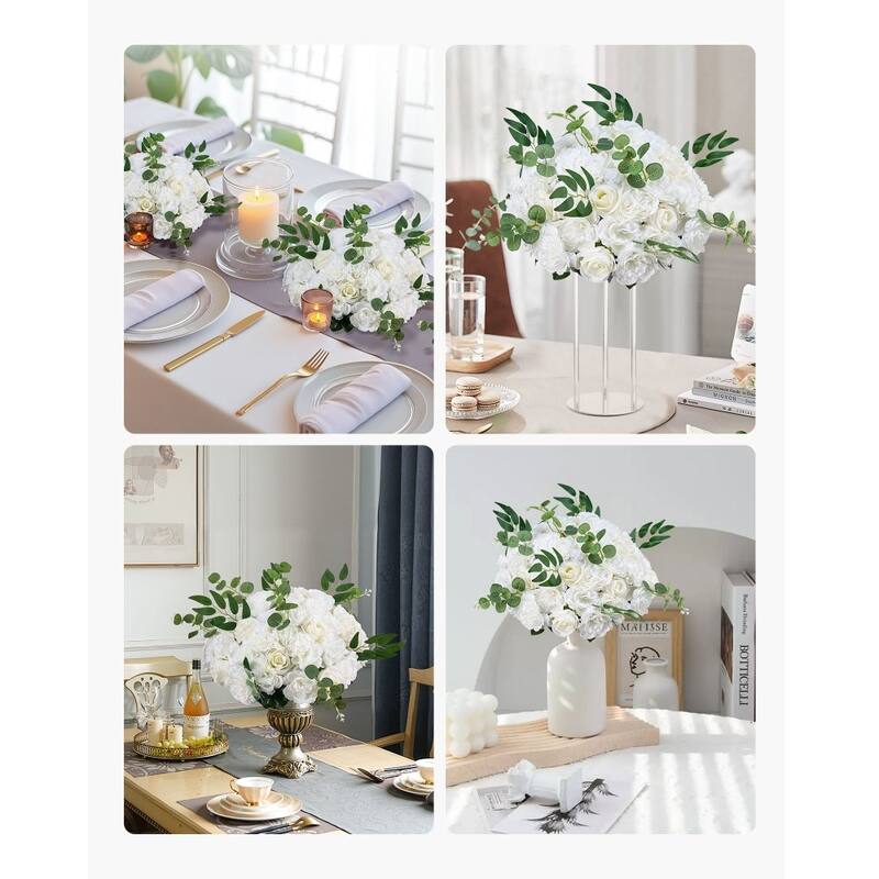 White Silk Rose Flower Balls Set of 10 with Base for Wedding Decor - 17.7 x 17.7 x 7.09 inch