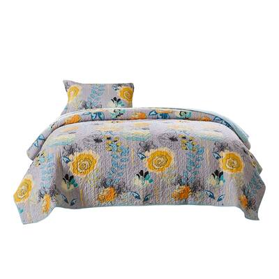 2 Piece Twin Size Fabric Quilt with Floral Pattern, Multicolor