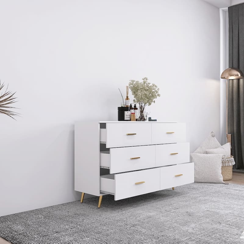 High Glossy Surface 6 Drawers Chest of Drawer with Golden Handle and Golden Steel Legs White Color Vanity