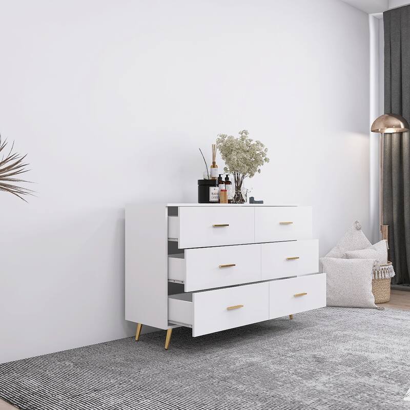 Modern High-Gloss Dressing Table, Lockers with 6 Large Drawers and Anti-Tipping Design, for Bedroom, White