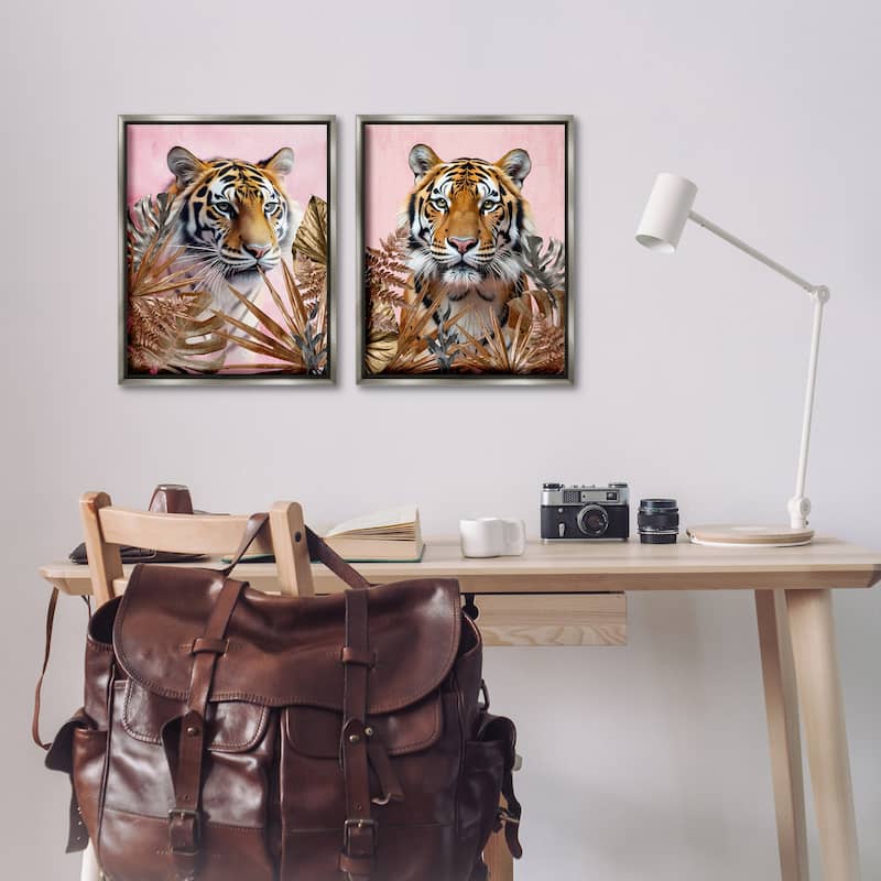 Stupell Fierce Tigers & Gold Leaves Framed Floater Canvas Wall Art Design By Kim Allen (Set of 2)