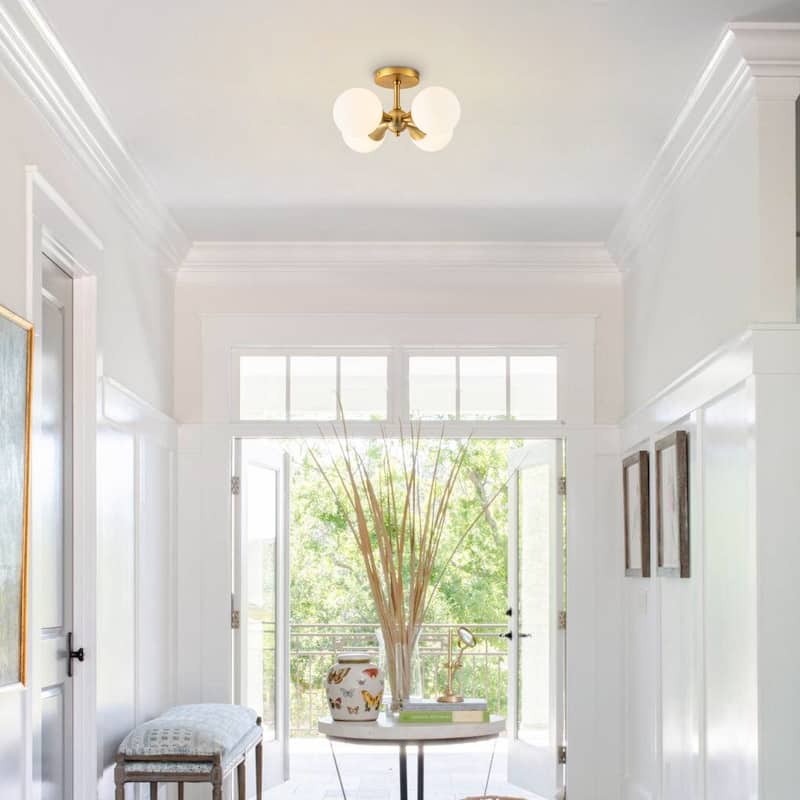 Coridon 4-Light Gold Sputnik Round Frosted White Opal Glass Globe Semi Flush Mount Light