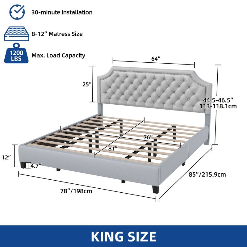 Moasis Linen Upholstered Platform Bed Velvet Bed Frame with Adjustable Headboard