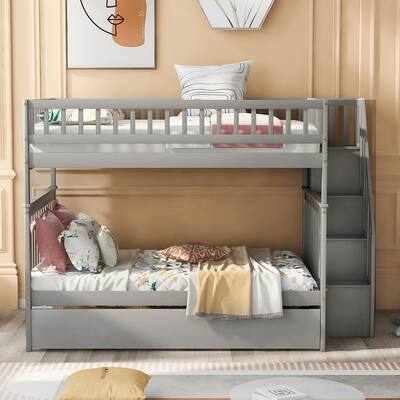Full over Full Solid Wood Bunk Bed with Trundle and Staircase