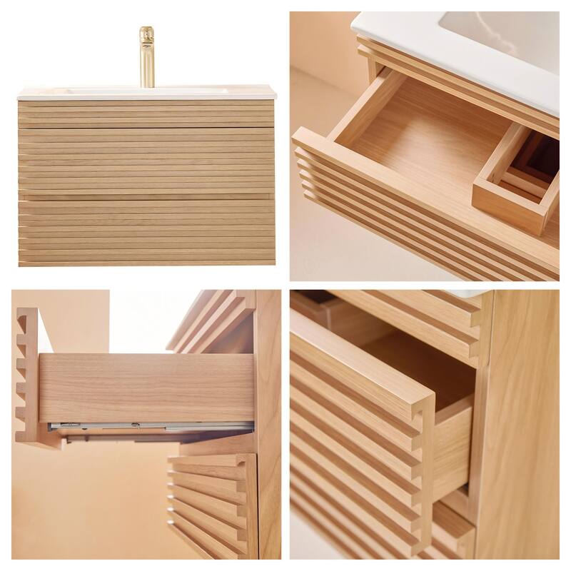 Modland 30" Wall Mount Bathroom Vanity with Ceramic Sink - 2 Soft-Close Drawers, Silk Mist Oak - 30 inch