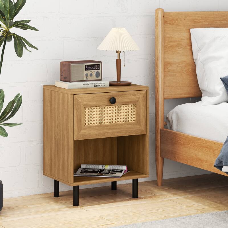 Rattan Nightstand Boho End Table with Rattan Drawer & Open Shelf