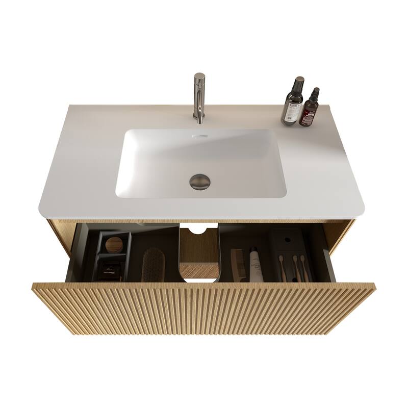GDFStudio - Etna Floating Bathroom Vanity with Integrated Ceramic Sink, Modern Handle-Free Wall-Mounted Design, Pre-Assembled