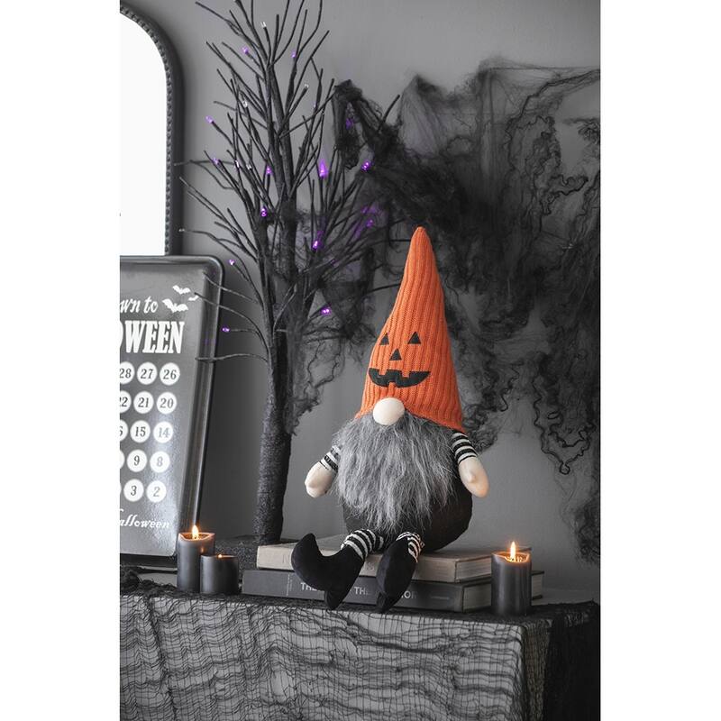 8.3x4.7x23.5" Fabric Sitting Gnome with Orange Knit Hat, for Halloween Decor