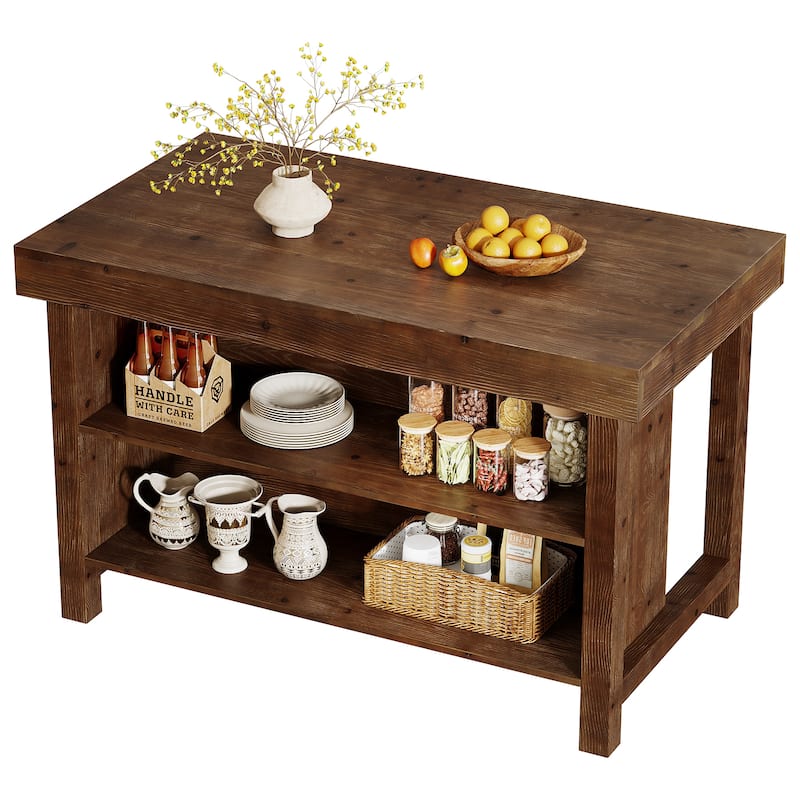 Solid Wood Kitchen Island, Open Storage Counter Height Table, Kitchen Dining/Living Room Coffee Bar Accent Island