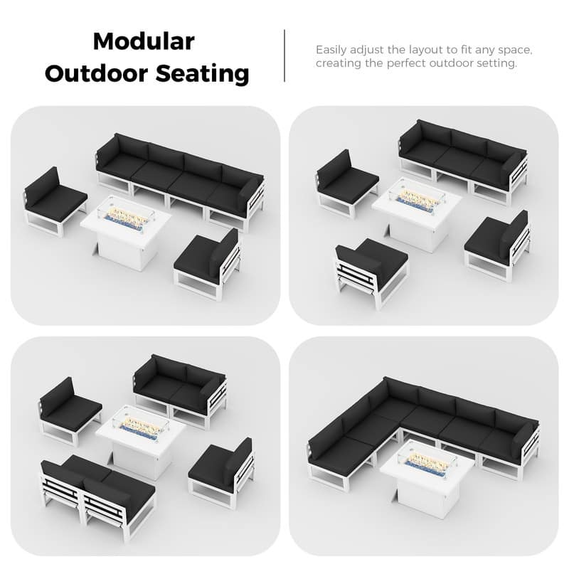 7 Piece Aluminum Patio Furniture Set with Fire Pit Propane/Natural Gas, 29 inch Deep Wide Seat Aluminum Outdoor Sectional