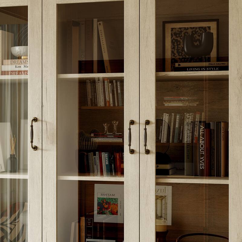 Bookcase Cabinet with Glass Doors and Drawers Multi-Purpose Storage Display Hutch for Living Room or Dining Room