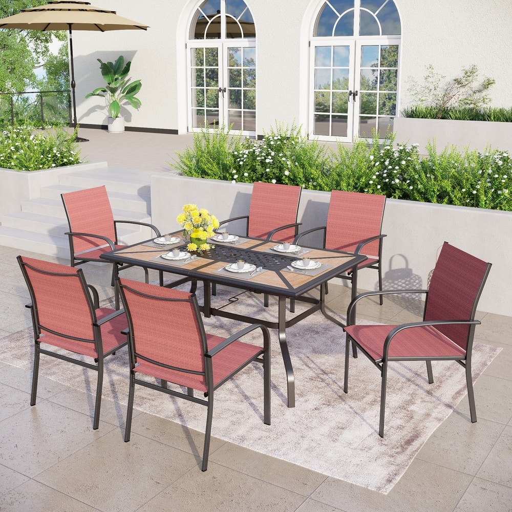 MAISON ARTS Patio Dining Set 7-Piece Metal Wood-look Geometric Rectangle Table and 6 Textilene Chairs