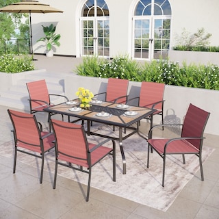 MAISON ARTS Patio Dining Set 7-Piece Metal Wood-look Geometric Rectangle Table and 6 Textilene Chairs