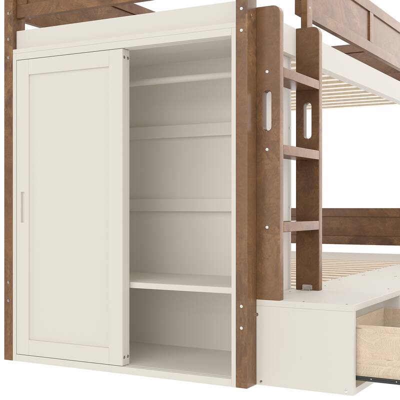 Twin Over Twin/Twin XL Over Full Bunk Bed Solid Wood Storage Bedframe with Built-in Wardrobe, 4 Under Drawers and Guardrails