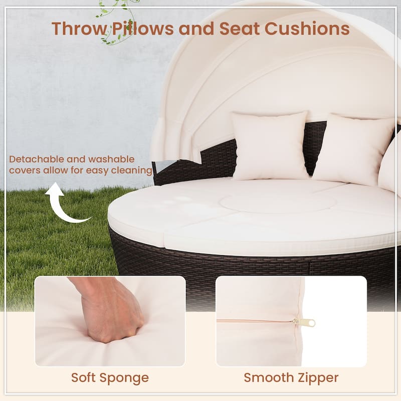 4 Piece Round Patio Daybed Set with Canopy Cushions and Table - 73" × 70" × 57"