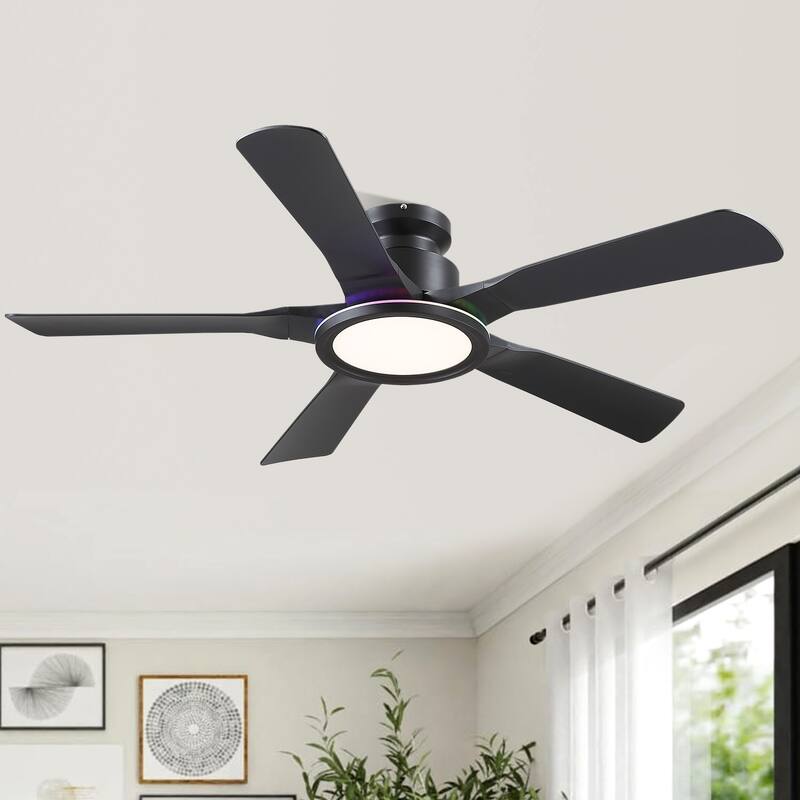 52 Inches RGB Flush Mount Ceiling Fan with Light,Reversible DC Motor for Bedroom Living Room Patio