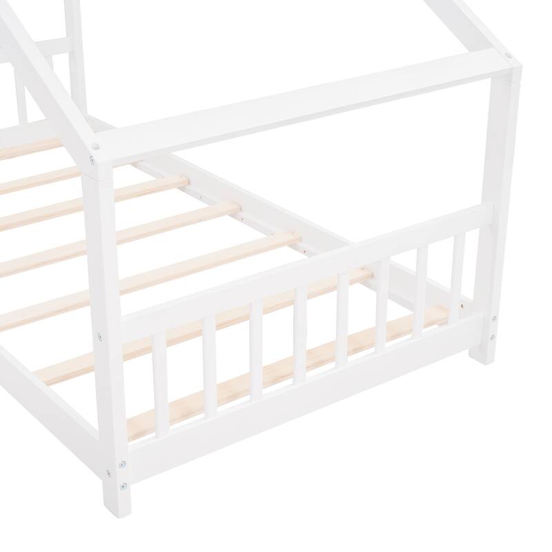 Full Size House Bed with Roof and Sturdy Pinewood Frame, No Box Spring Needed