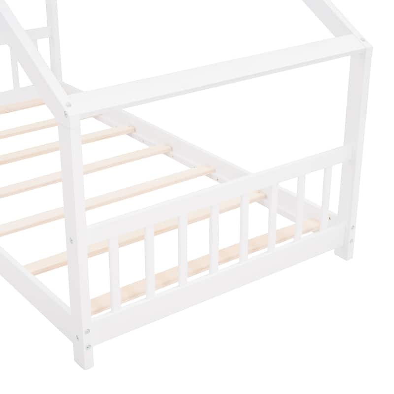 Twin Size House Bed with Roof, Wood Frame, and Play Space
