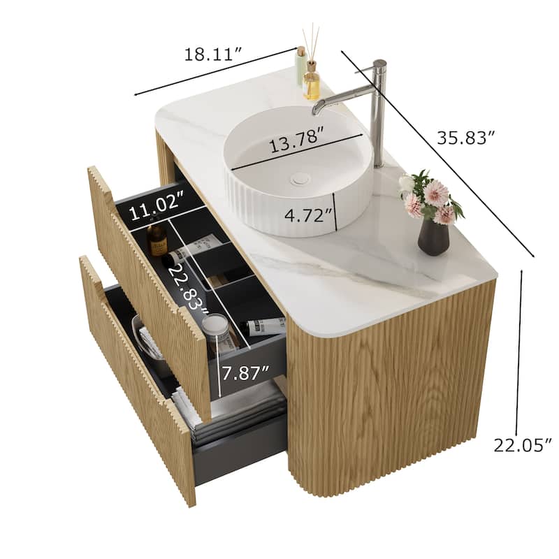 36" Floating Bathroom Vanities with Single Sink,Natural Wood Texture