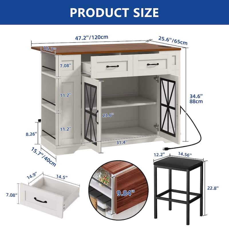 Moasis 47" Kitchen Island With Drop Leaf & 2 Bar Stools