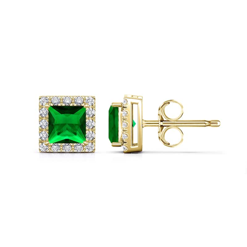 Auriya 14k Gold Lab Grown Gemstone Green Emerald Stud Earrings Princess 0.25 to 5.00 ct. tw. Halo Push-Back - 2.50ct tgw. - Yellow