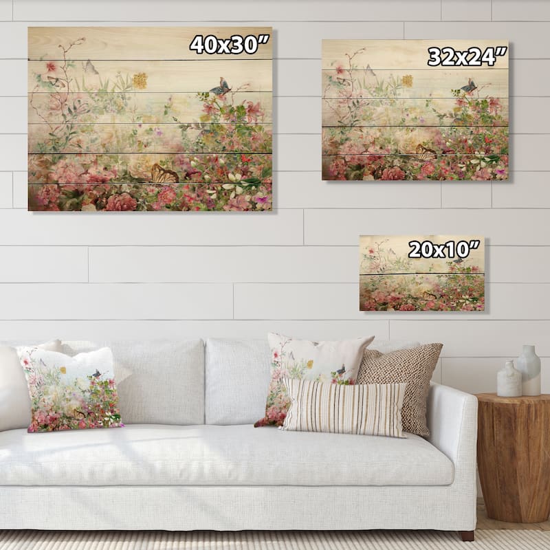 Designart 'Modern Pink And Green Summer Garden' Traditional Wood Wall Art Décor - Natural Pine Wood