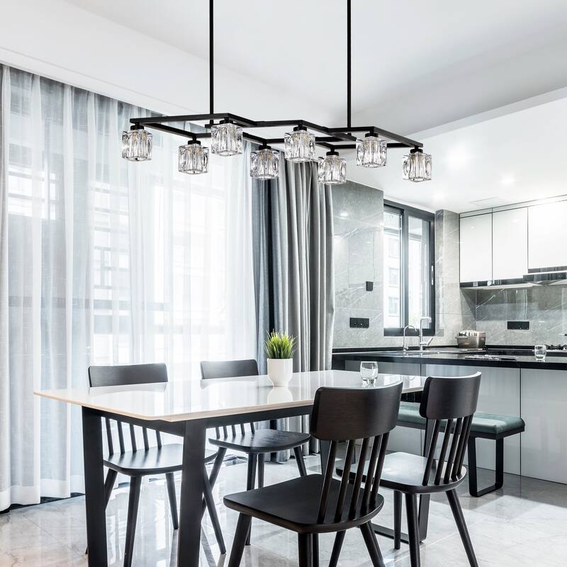 Modern Industrial Style 8-Light Pendant Light, Matte Black Crystal Chandelier, for Dining Room Kitchen and Living Room