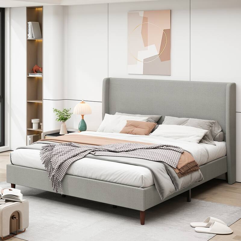 Upholstered Platform Bed Frame Bedroom Platform Bed - Light Grey-Chenille - King