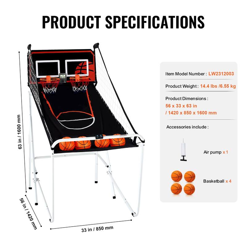 Foldable Basketball Arcade Game, 2 Player Indoor Basketball Game, Home Dual Shot Sport with 8 Game Modes, and Inflation Pump