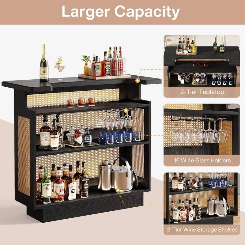 Rattan Home Bar Unit, Farmhouse 4-Tier Bar Table with 4 Stemware Racks