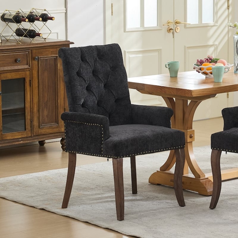 Upholstered Chenille Fabric Accent Dining Chair with Curved Solid Wood Legs